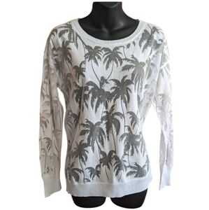 Vince Camuto Sheer Burnout White Palm Tree Long Sleeve Top Small Scoop Neck